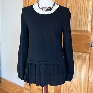 LOFT Cotton Rayon Blend Black Peplum Sweater with Sheer Black Ruffle Hem